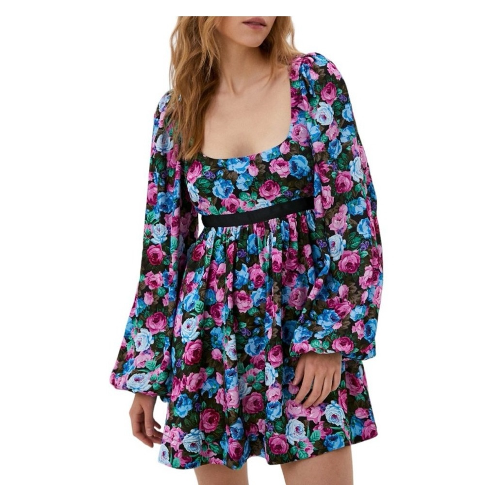 For Love & Lemons Long Sleeve Rose Print Maggie Mini Dress, Black Pink XS